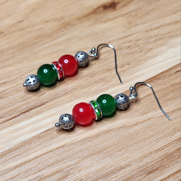 Christmas Dangle Glass Beaded Earrings Rhinestone Antique Silver Beads Handmade - Picture 4 of 4